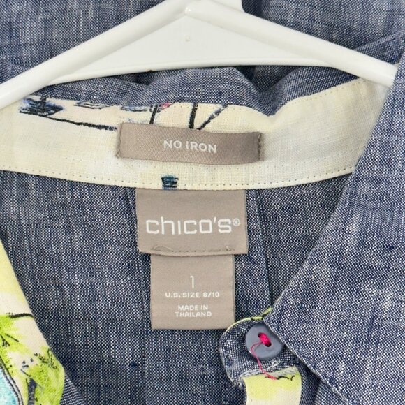 Chicos Light Blue 100% Linen No Iron Button-Up Tunic Shirt Womens Size 1 (8/10) - Picture 4 of 12